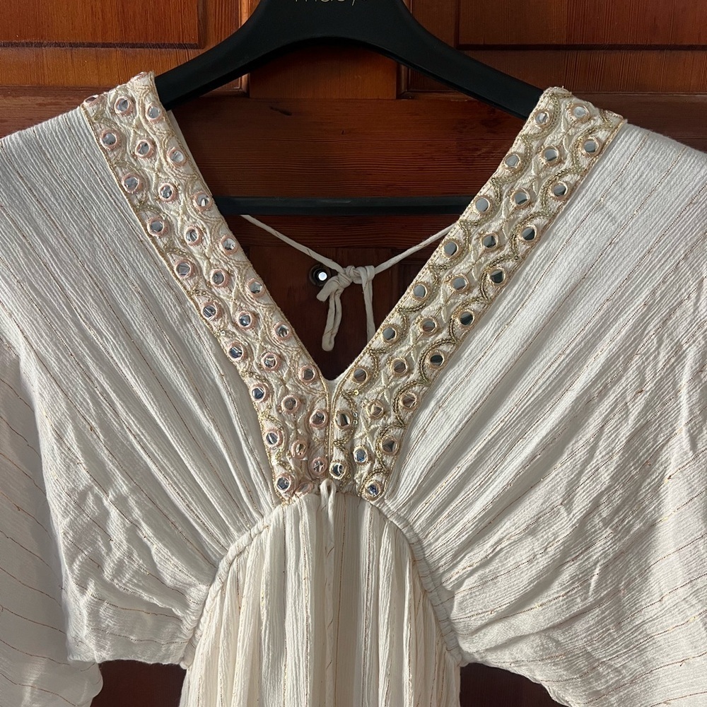 Ivory Boho Mirror Embellished Maxi Dress Viscose Kaftan Festival Beach Resort - Picture 4 of 17
